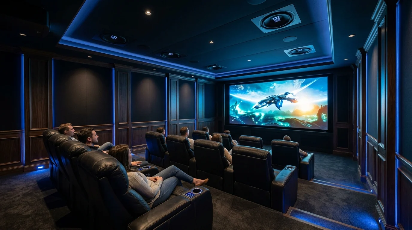 Home theatre with automated lighting and audio
