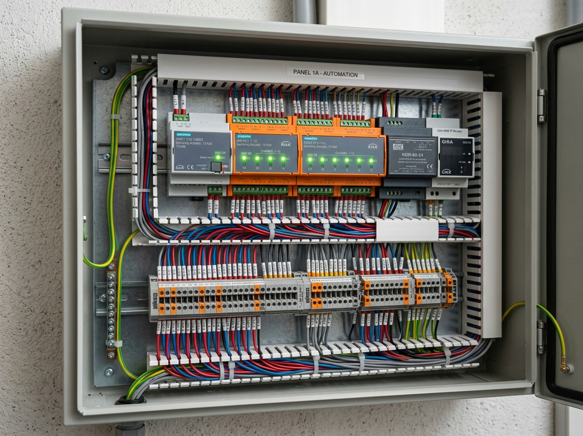 KNX automation panel with actuators on DIN rails, terminal blocks and neatly labelled wiring