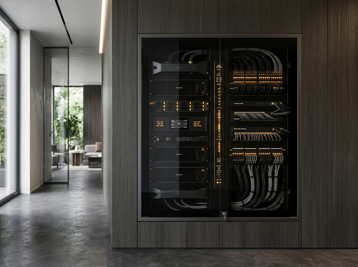 Smart home equipment rack with network switches and neatly dressed cabling in a luxury home