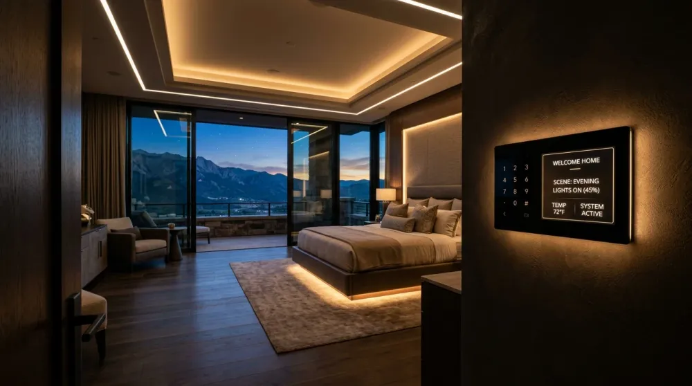 Contemporary luxury residence in Noida at dusk