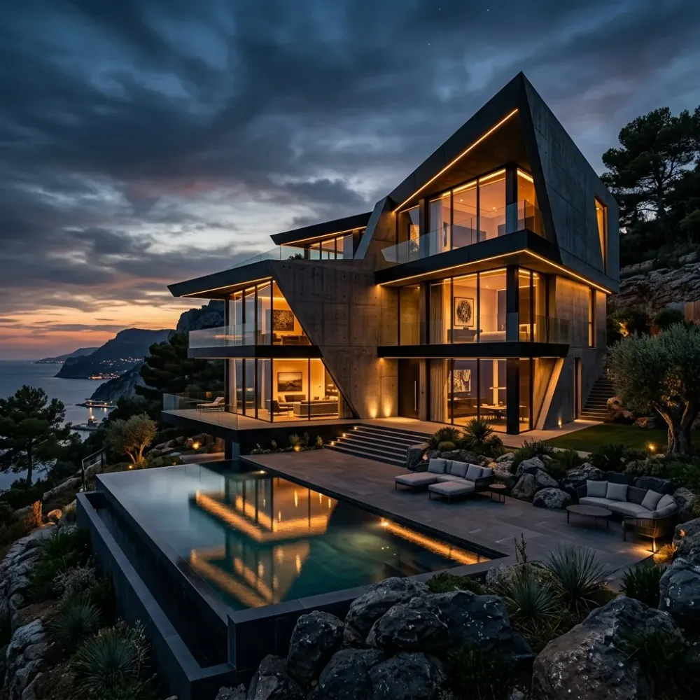 Luxury smart villa at dusk