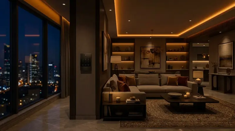 Luxury Indian living room in dim cinema movie night atmosphere