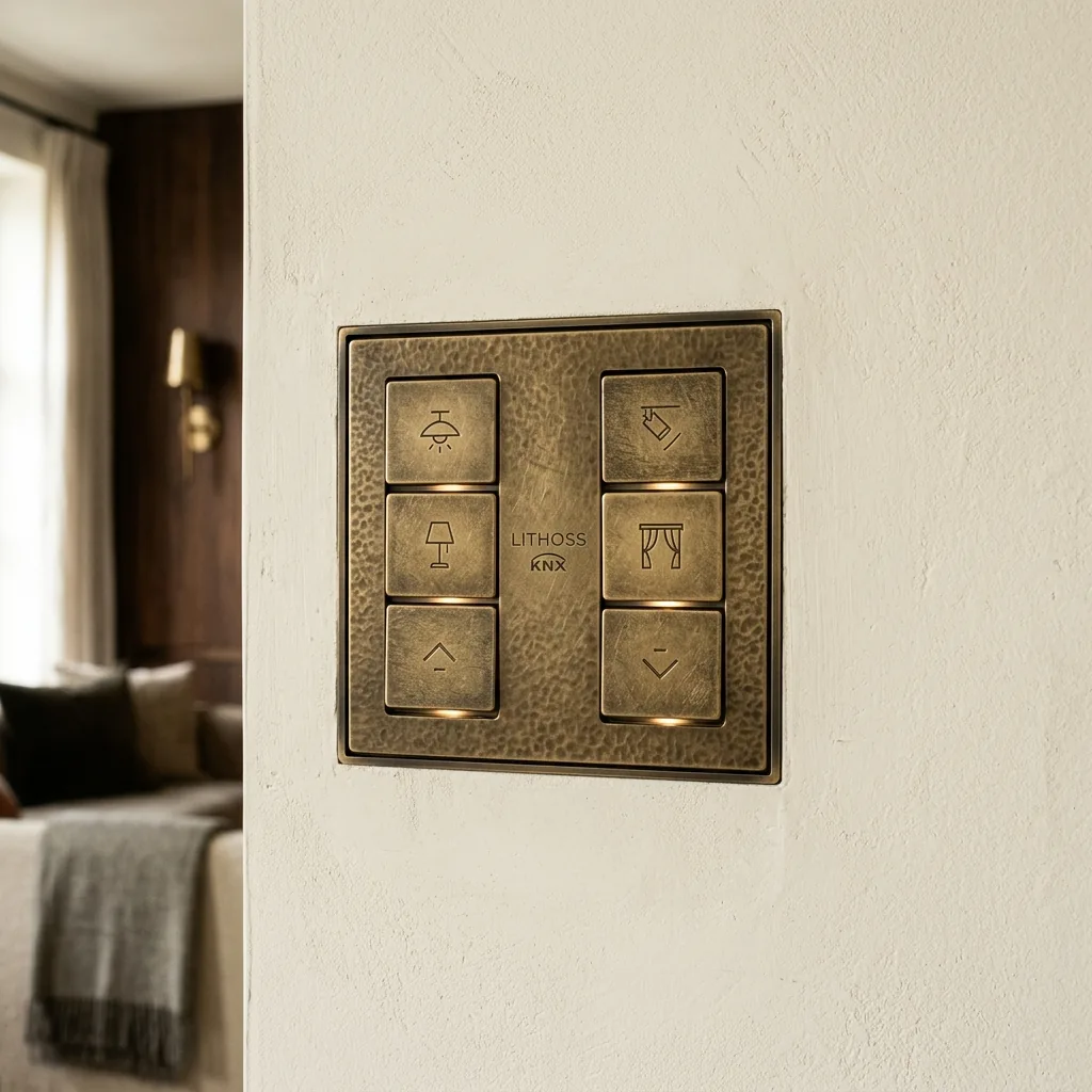 Belgian Lithoss architectural square brass KNX keypad switch