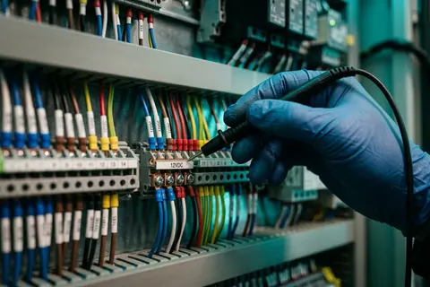 Engineer hand holding digital multimeter probe at low voltage terminal block
