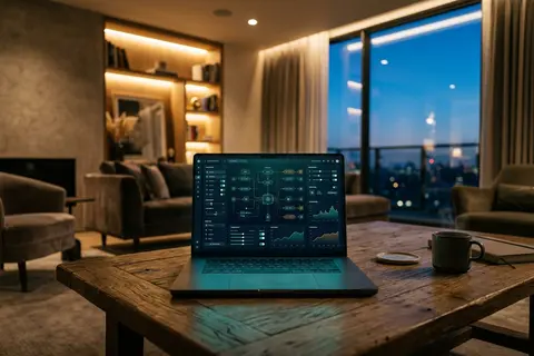 Laptop on coffee table displaying generic software interface inside living room