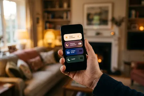 Hand holding phone displaying generic smart home app interface