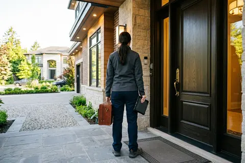 Smart home technician carrying tool case standing at luxury home entrance