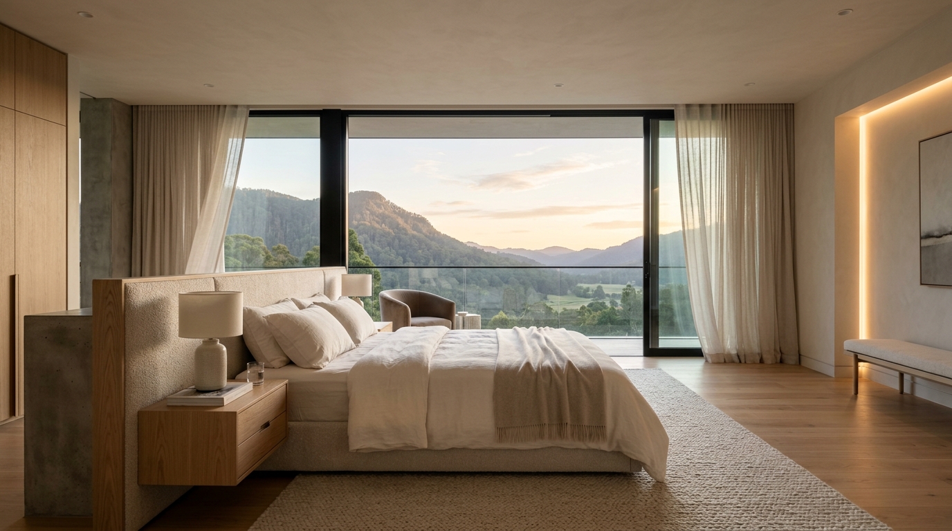 Smart bedroom with automated curtains and soft lighting