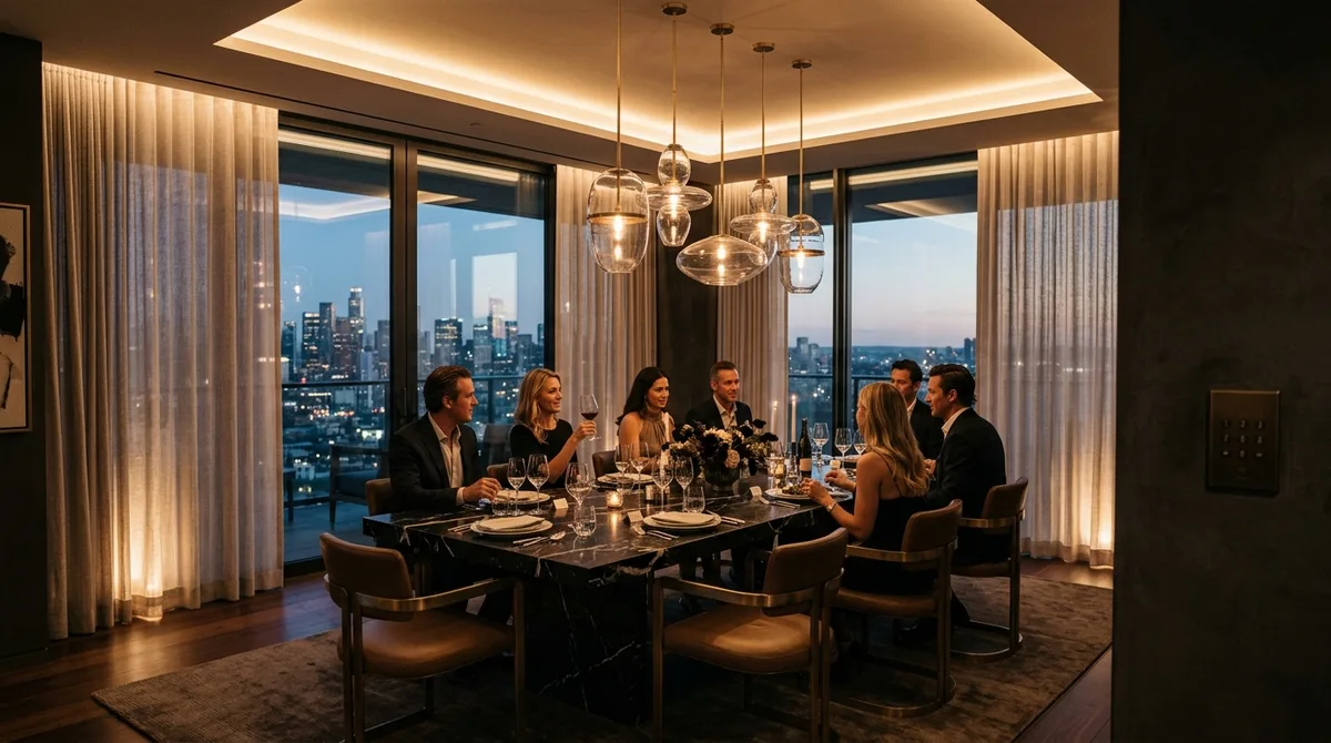 Smart dining room with layered chandelier lighting, illuminated motorized curtains and scene keypads