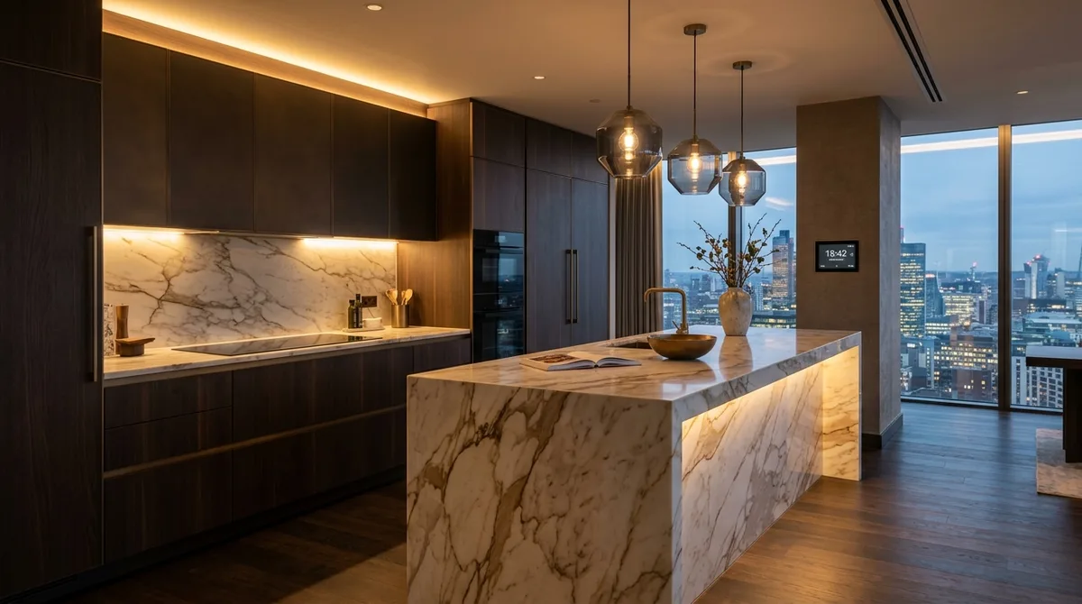 Smart kitchen with architectural under-cabinet illumination, waterfall island and smart control panel