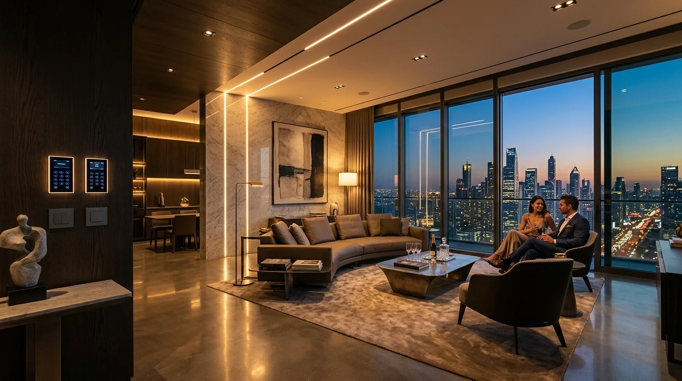 Modern living room with smart lighting scenes